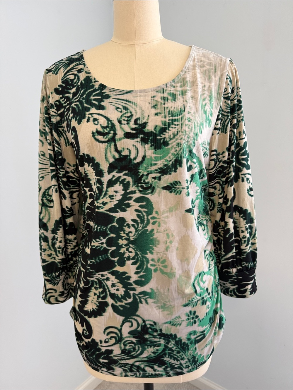 Alfani Green and Cream Floral Scoop Neck Long Sleeve Top SZXL